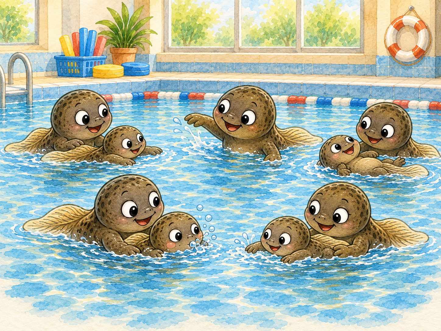 Illustration: Kleine Quappis mit ihren großen Quappi-Eltern und Quappi-Kursleitung gemeinsam im Wasser