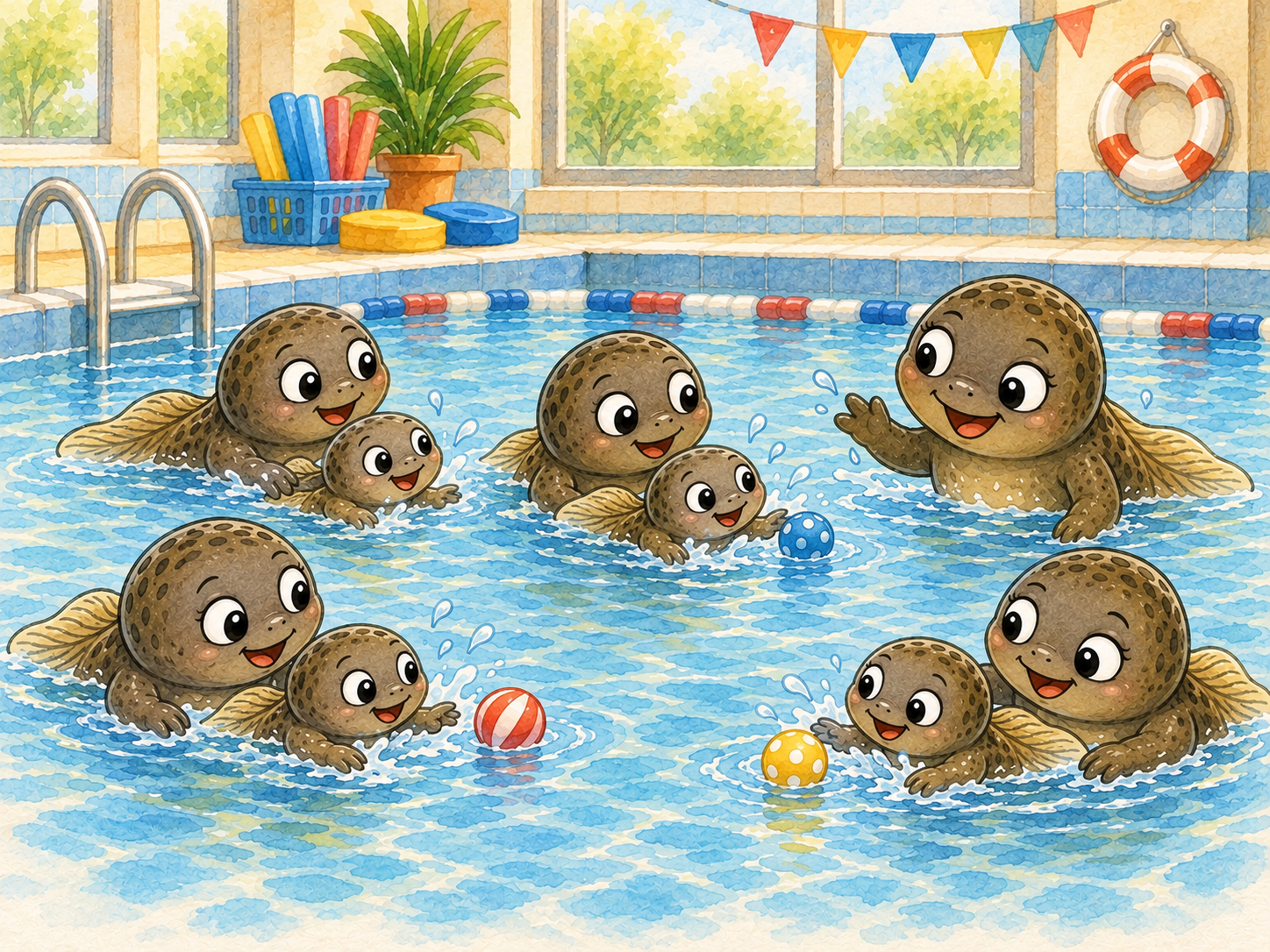 Illustration: Kleine Quappis mit ihren großen Quappi-Eltern und Quappi-Kursleitung gemeinsam im Wasser