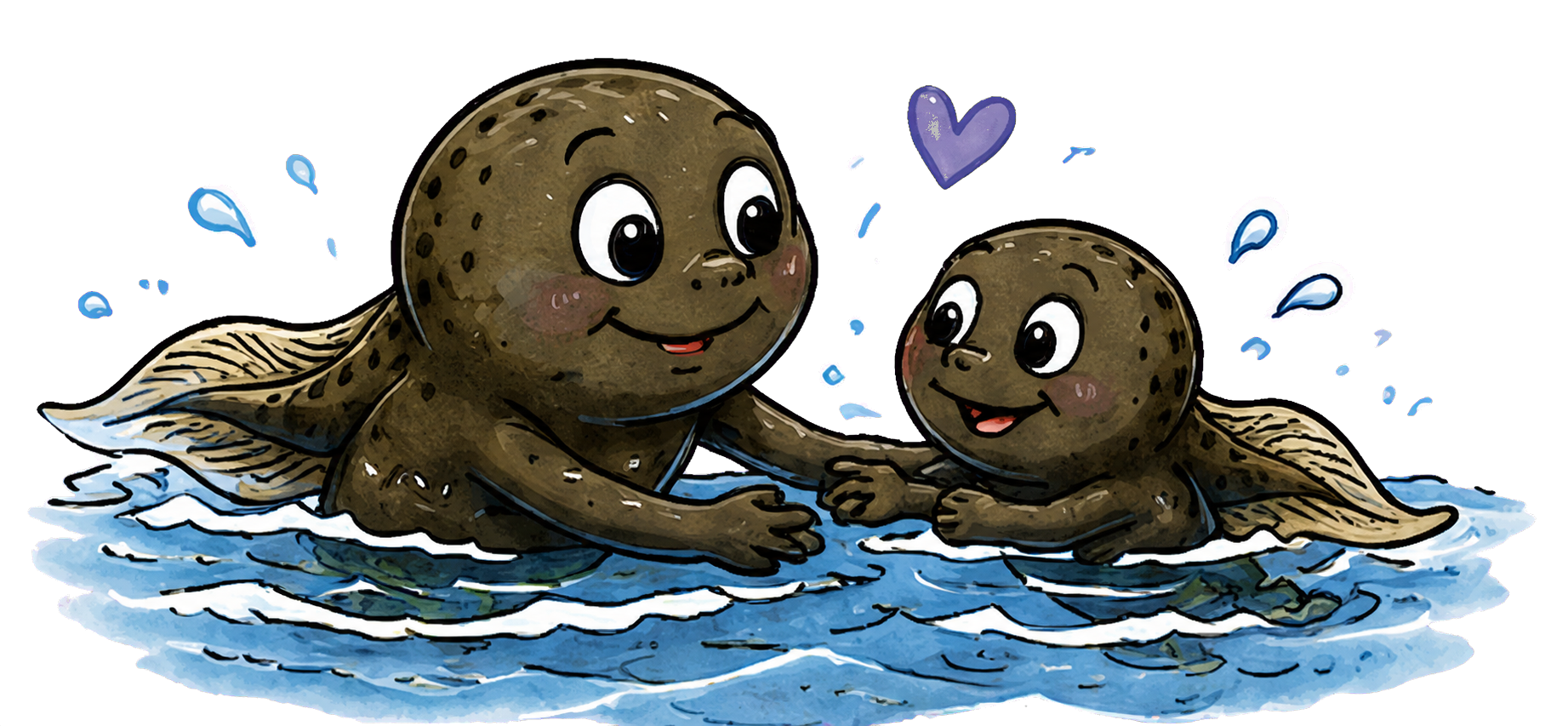 Quappi begleitet eine kleine Kaulquappe im Wasser